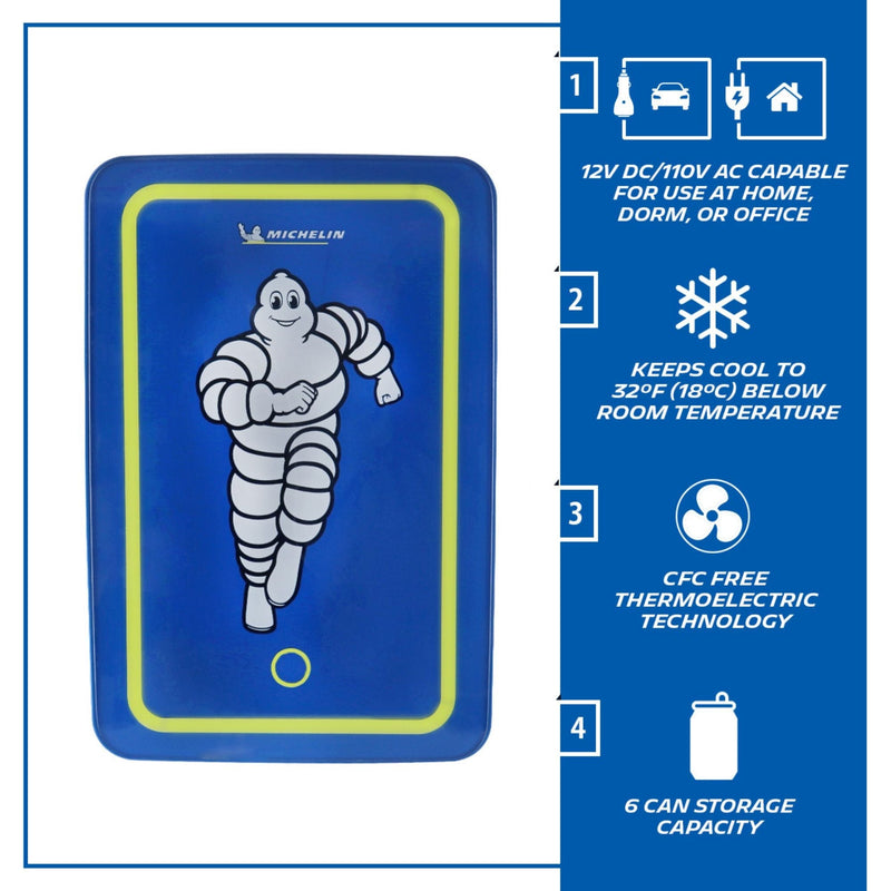 Product shot of Michelin mini fridge on a white background. There is white text and icons on a blue background to the right reading: “12V DC/110V AC compatible for use at home, dorm, or office; Keeps cool to 32F (18C) below room temperature; CFC free thermoelectric technology; 6 can storage capacity”