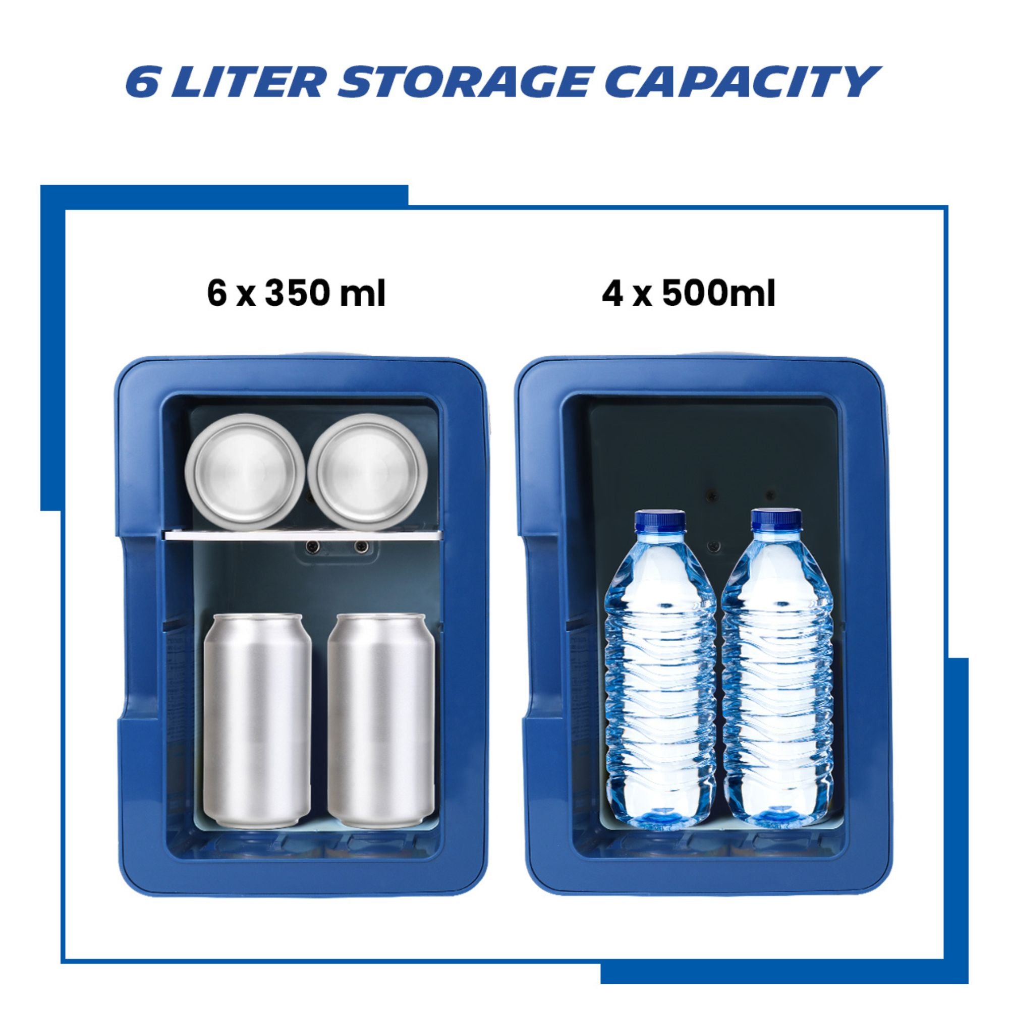 Two side-by-side pictures of the interior of the 6 can Michelin mini fridge: Left image shows the 6 x 350 mL soda cans and right image shows 4 x 500 mL water bottles. Text above reads "6 liter storage capacity"