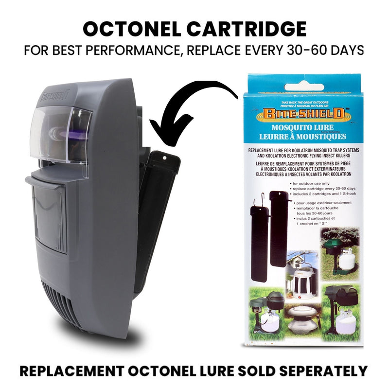 Product shot of Bite Shield wall mount flying insect trap on the left with an optional Octenol cartridge attached and a package of two replacement lures on the right on a white background. Text above reads, "Octenol cartridge: For best performance, replace every 30-60 days," and text below reads, "Replacement octenol lure sold separately"