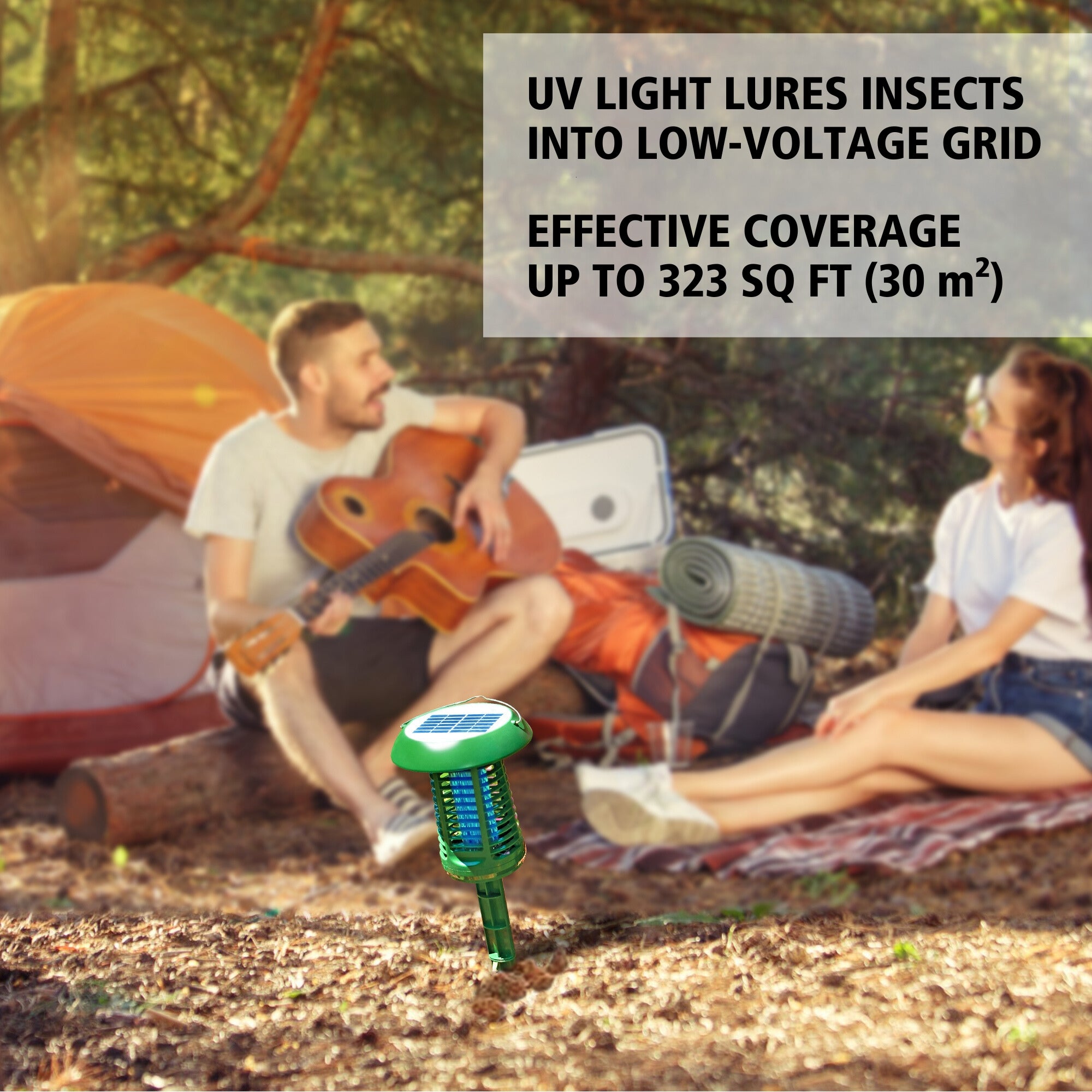 Lifestyle image of the Bite Shield solar powered electronic flying insect zapper mounted on the ground stake between two people with dark hair and light skin sitting on logs at a campsite with a tent in the background. Inset text box lists bullet points: 1. UV light to lure insects; 2. 30 m^2 (323 sq/ft) effective coverage; 3. 1200V electric grid