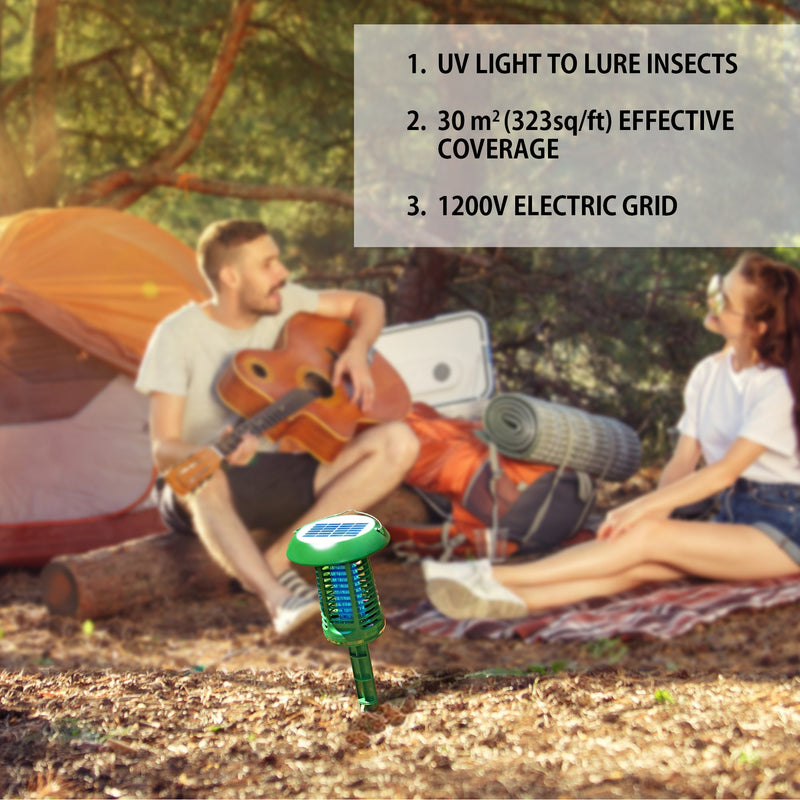 Lifestyle image of the Bite Shield solar powered electronic flying insect zapper mounted on the ground stake between two people with dark hair and light skin sitting on logs at a campsite with a tent in the background. Inset text box lists bullet points: 1. UV light to lure insects; 2. 30 m^2 (323 sq/ft) effective coverage; 3. 1200V electric grid