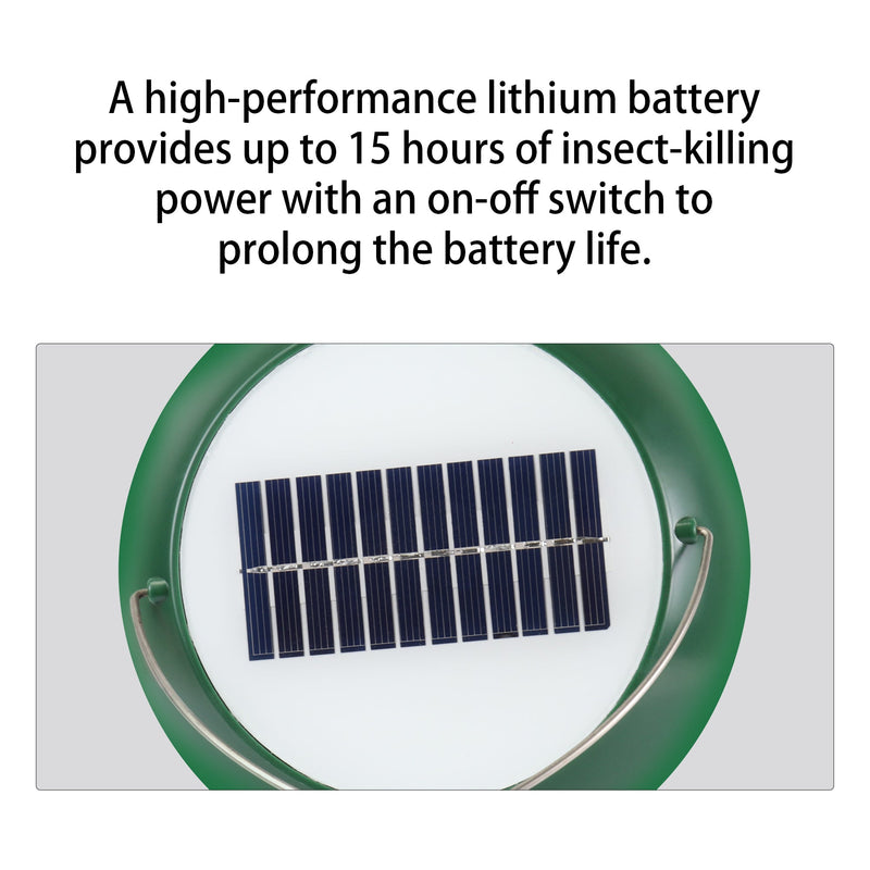 Closeup image of solar panel on top of Bite Shield solar powered electronic flying insect zapper. Text above reads, "A high-performance lithium battery provides up to 15 hours of insect-killing power with an on-off switch to prolong the battery life"