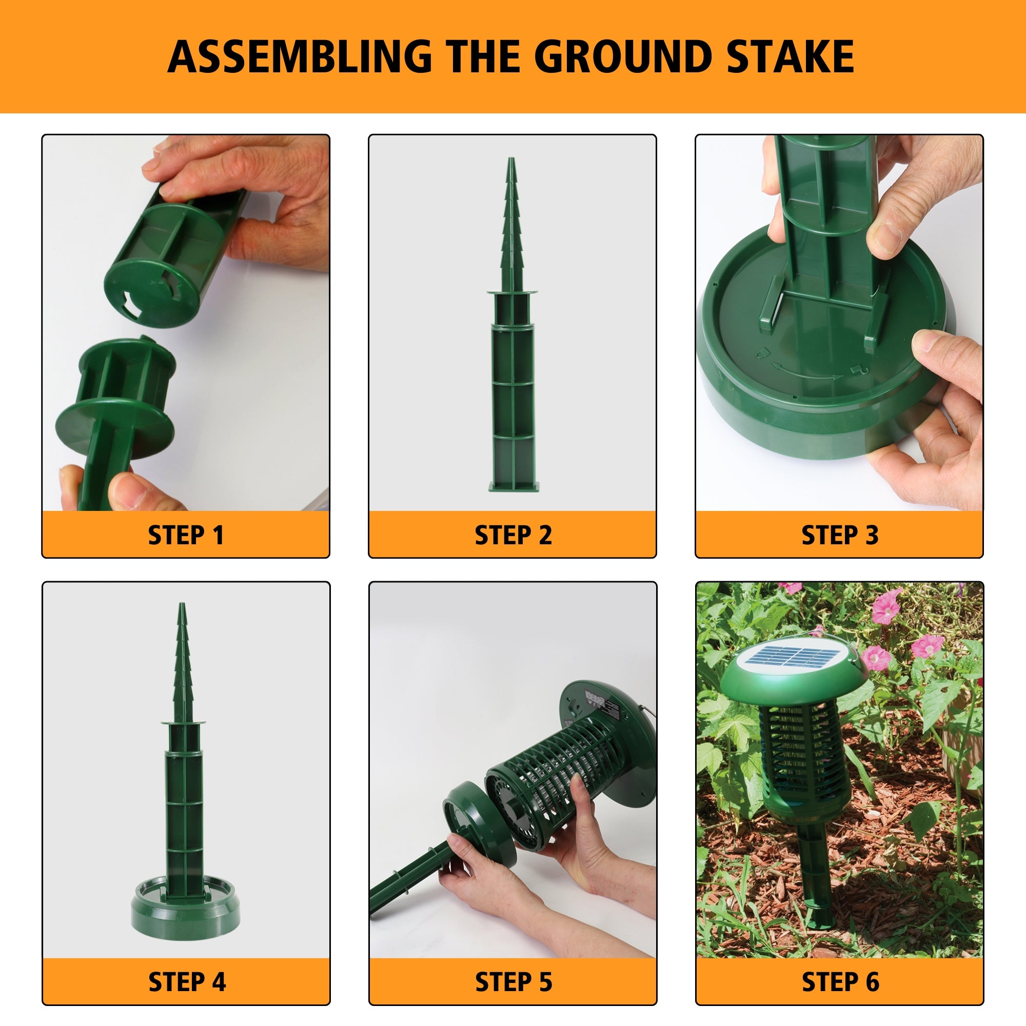 A series of 6 images show the steps to putting together the ground stake and setting up the Bite Shield solar powered electronic flying insect zapper