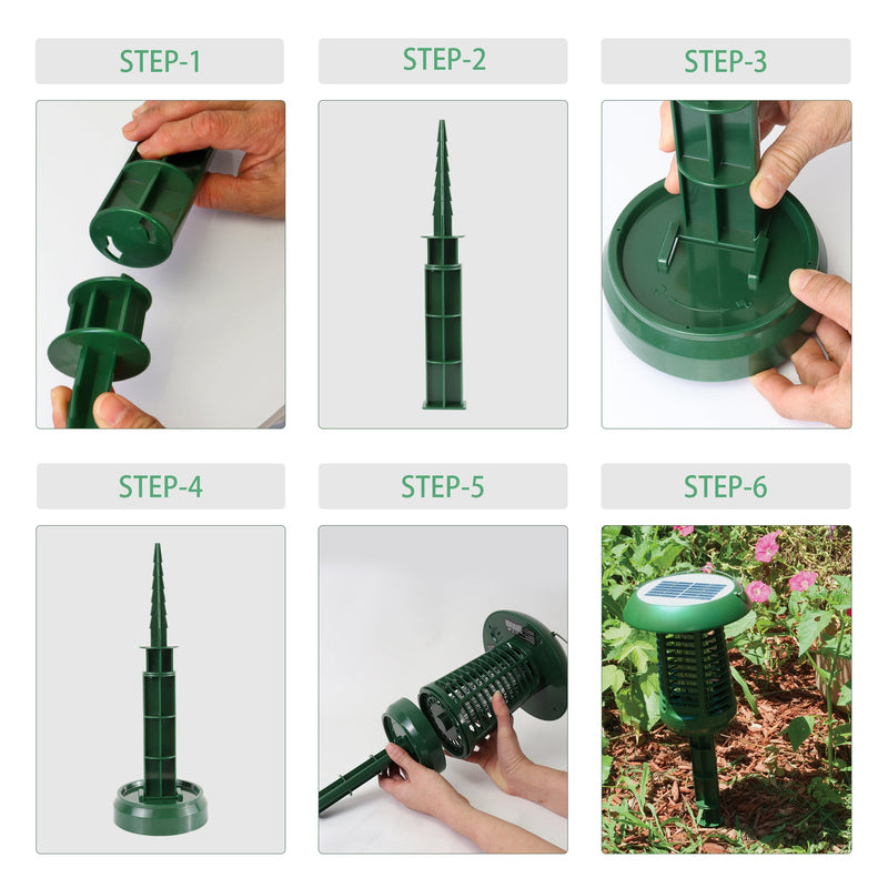 A series of 6 images show the steps to putting together the ground stake and setting up the Bite Shield solar powered electronic flying insect zapper