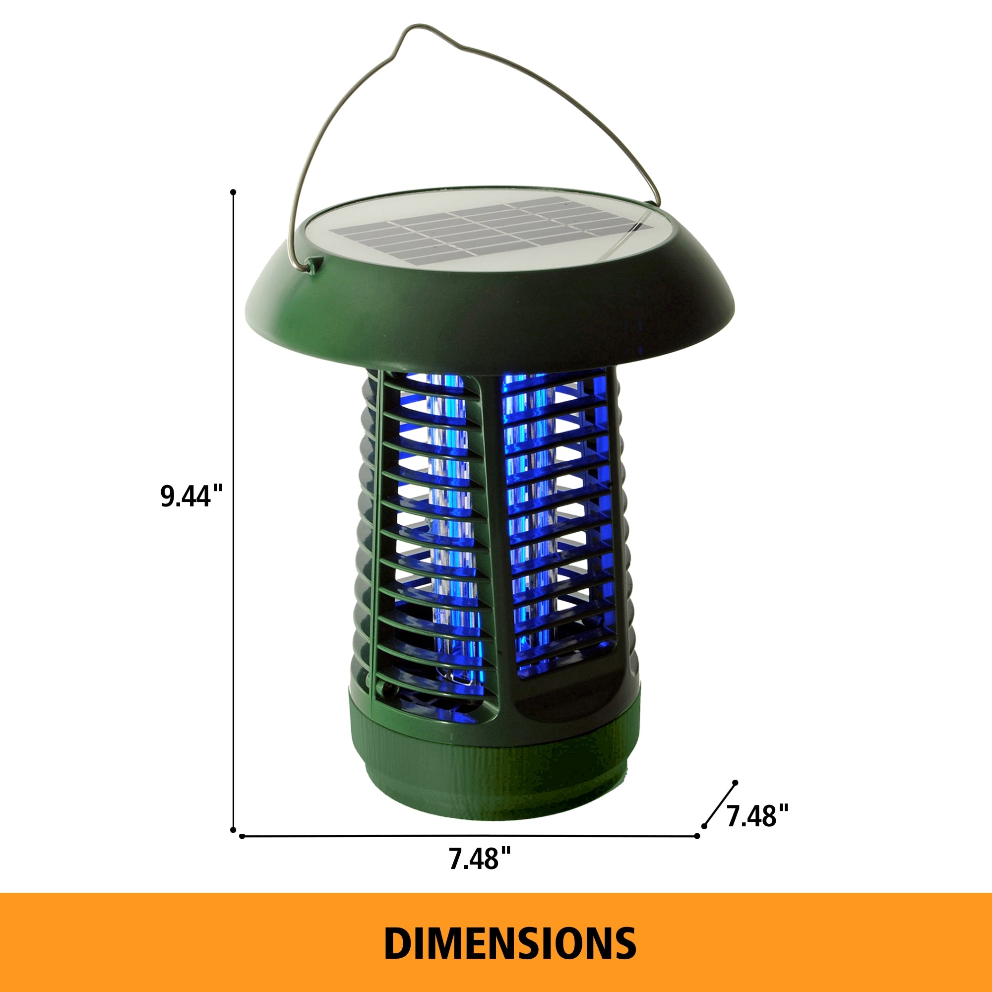 Product shot of Bite Shield solar powered electronic flying insect zapper on a white background with dimensions labeled