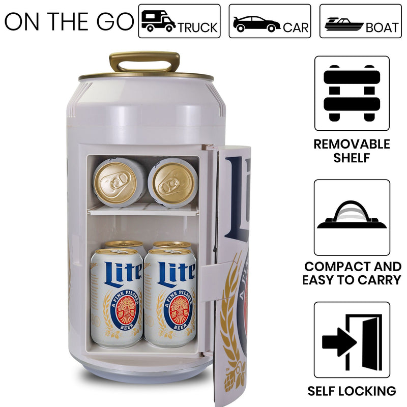 Closeup image of open cooler with 6 cans of Miller Lite beer inside and pull-tab carry handle flipped up. Above are icons and text describing: On the go - truck, car, boat. To the right are icons and text describing: Removable shelf; compact and easy to carry; self-locking