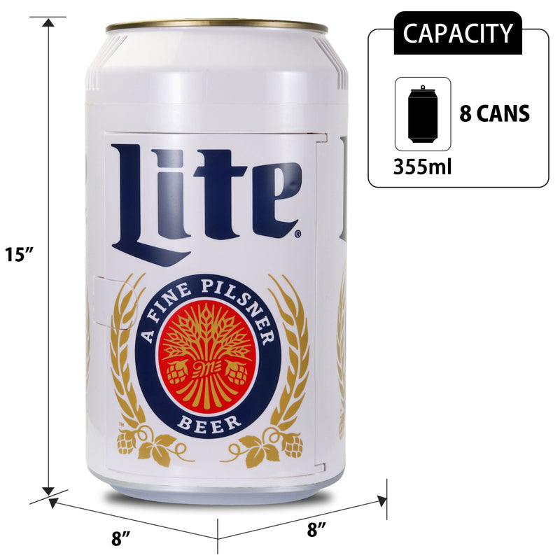 Product shot of Miller Lite can-shaped 8 can mini fridge, closed, on a white background with dimensions labeled. Inset text with can icon reads, "Capacity: 8 cans (355 mL)"