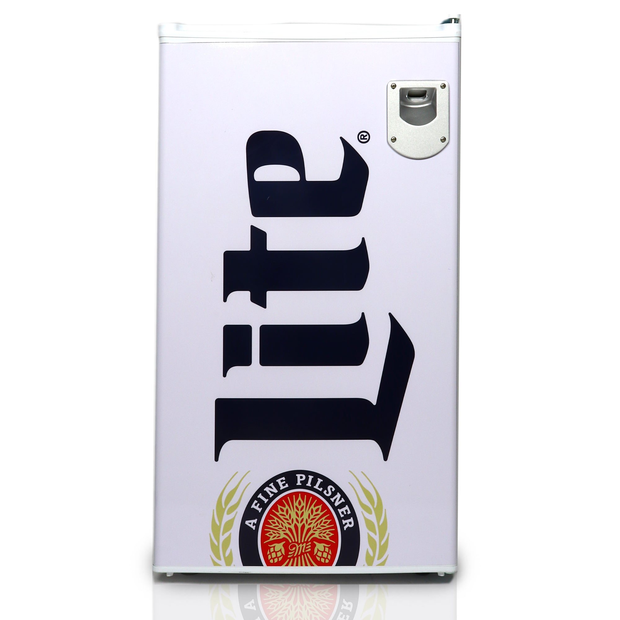 Product shot of Miller Lite compact fridge with bottle opener, closed, on a white background