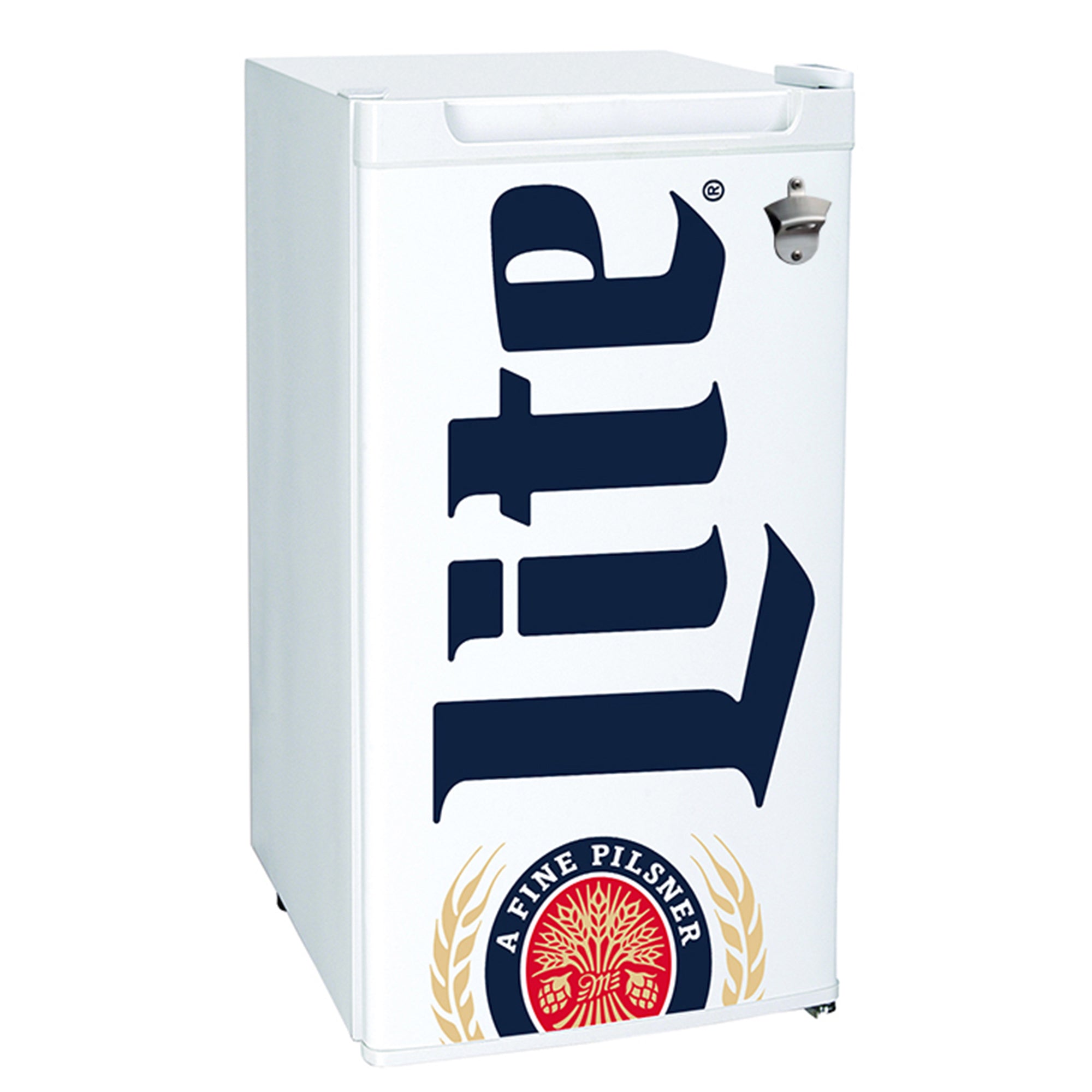 Product shot of Miller Lite compact fridge with bottle opener, closed, on a white background