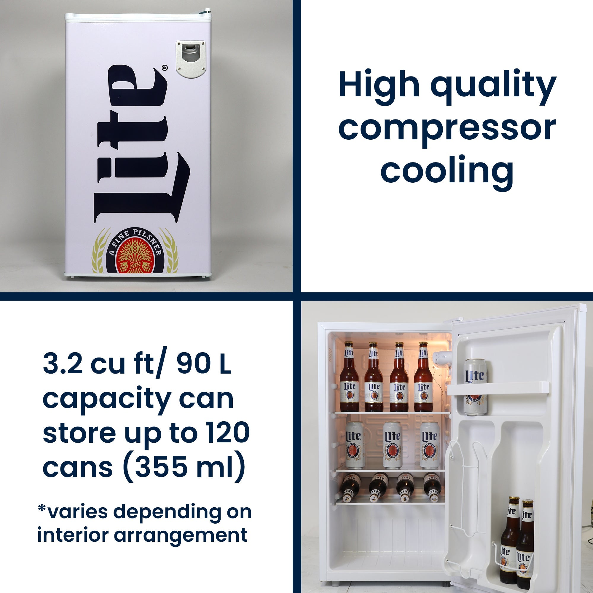 The top half of the image shows the closed fridge with text to the right reading, "High quality compressor cooling." Bottom half shows the compact fridge with door installed to open to the right and cans and bottles of Miller Lite inside. Text to the left reads, "3.2 cu ft (90 L capacity can store up to 120 cans (355 mL); varies depending on interior arrangement"