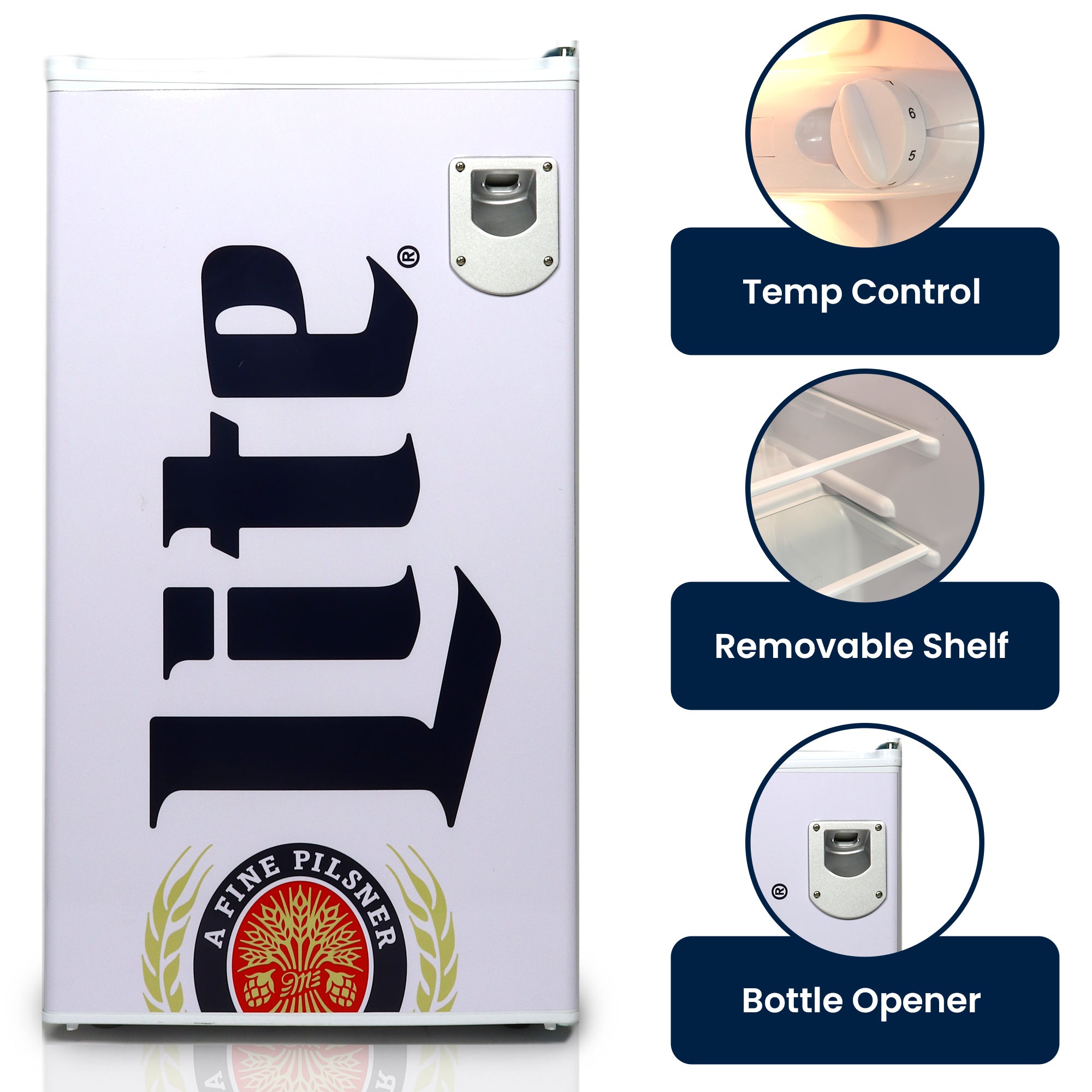 Product shot of Miller Lite compact fridge, closed. Three inset closeup to the right show features: Temp control; removable shelf; bottle opener
