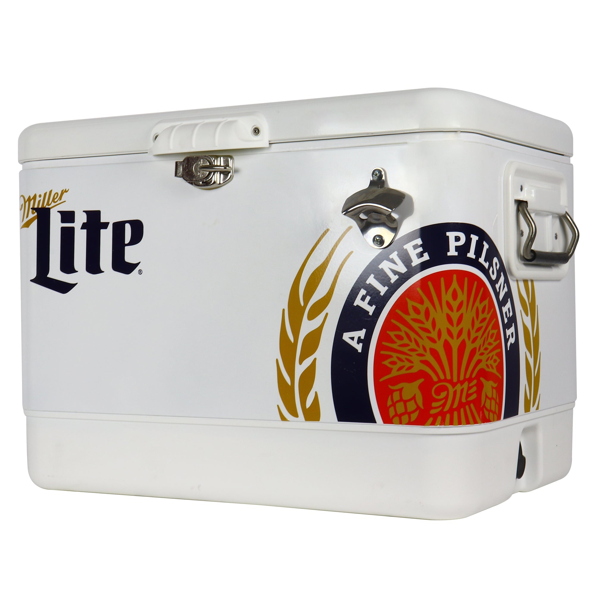 Product shot of Miller Lite 51 liter ice chest with bottle opener, closed, on a white background