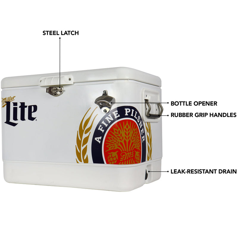 Product shot of Miller Lite 54 quart ice chest with bottle opener, closed, on a white background, with parts labeled: Steel latch; rubber grip handles; bottle opener; drain plug