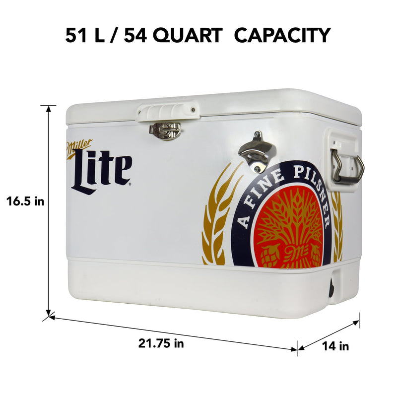 Product shot of Miller Lite 51 liter ice chest with bottle opener, closed, on a white background, with dimensions labeled. Text above reads, "51L/54 quart capacity"