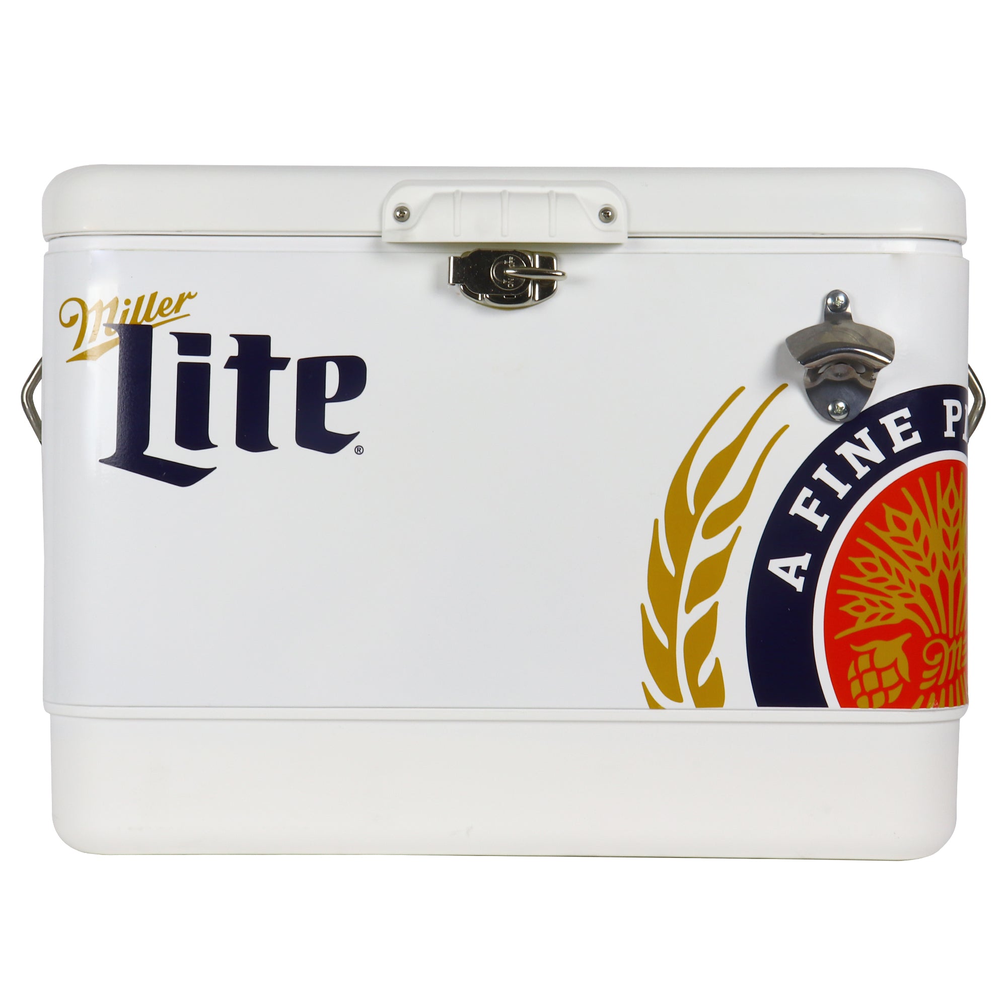 Product shot of Miller Lite 51 liter ice chest with bottle opener, closed, on a white background