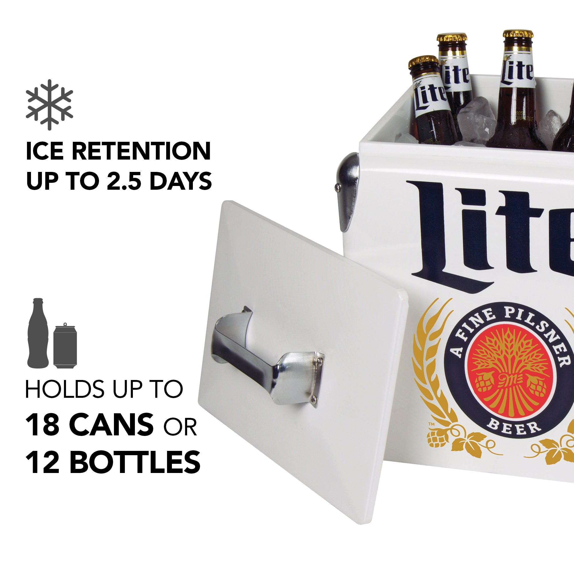 Product shot of Miller Lite 13L retro ice chest, open with ice and bottles of Miller Lite beer inside and the lid leaning against it, on a white background. Text and icons to the left describe: Ice retention up to 2.5 days; holds up to 18 cans or 12 bottles