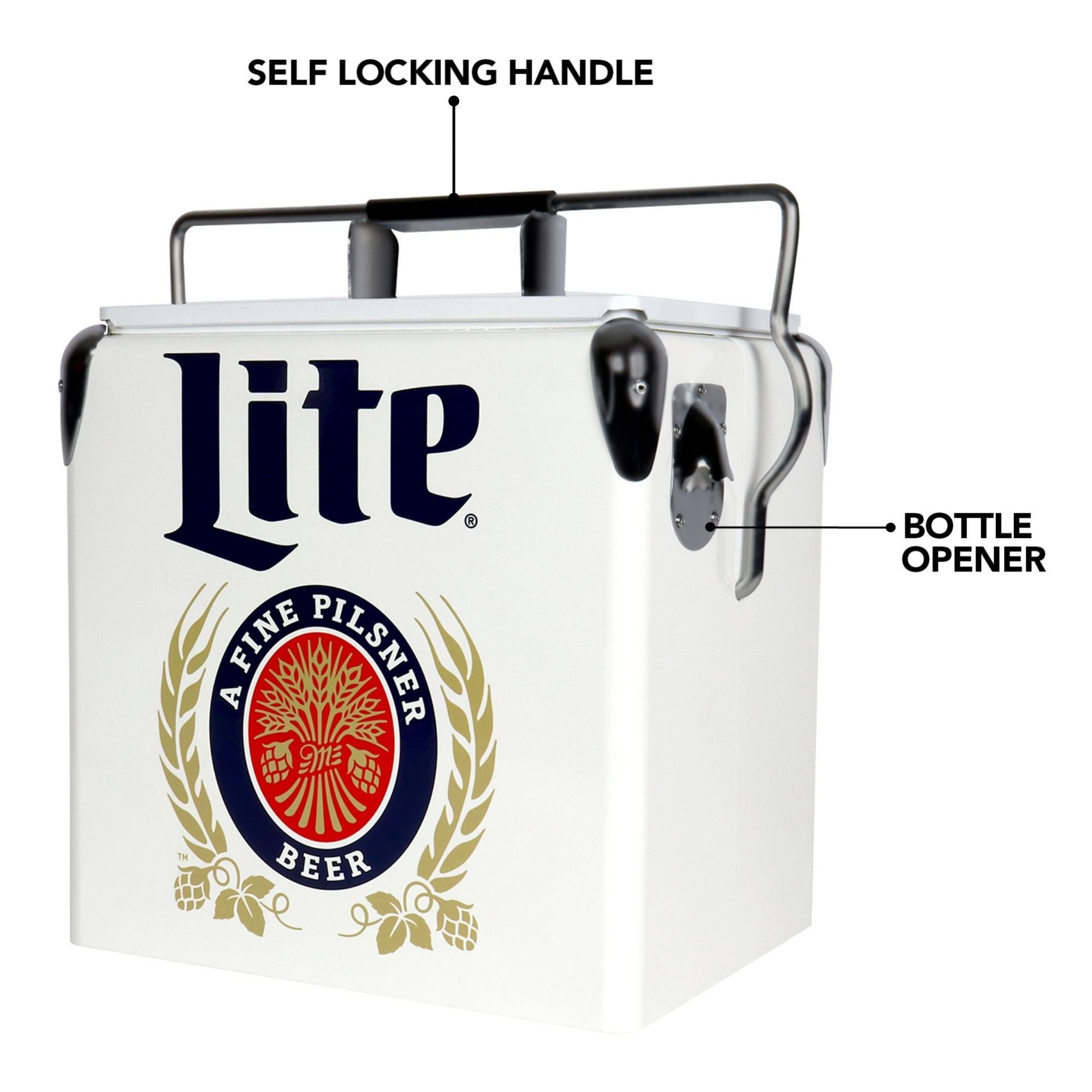 Product shot of Miller Lite 14 qt retro cooler with bottle opener, closed, on a white background, with parts labeled: Self-locking handle; bottle opener