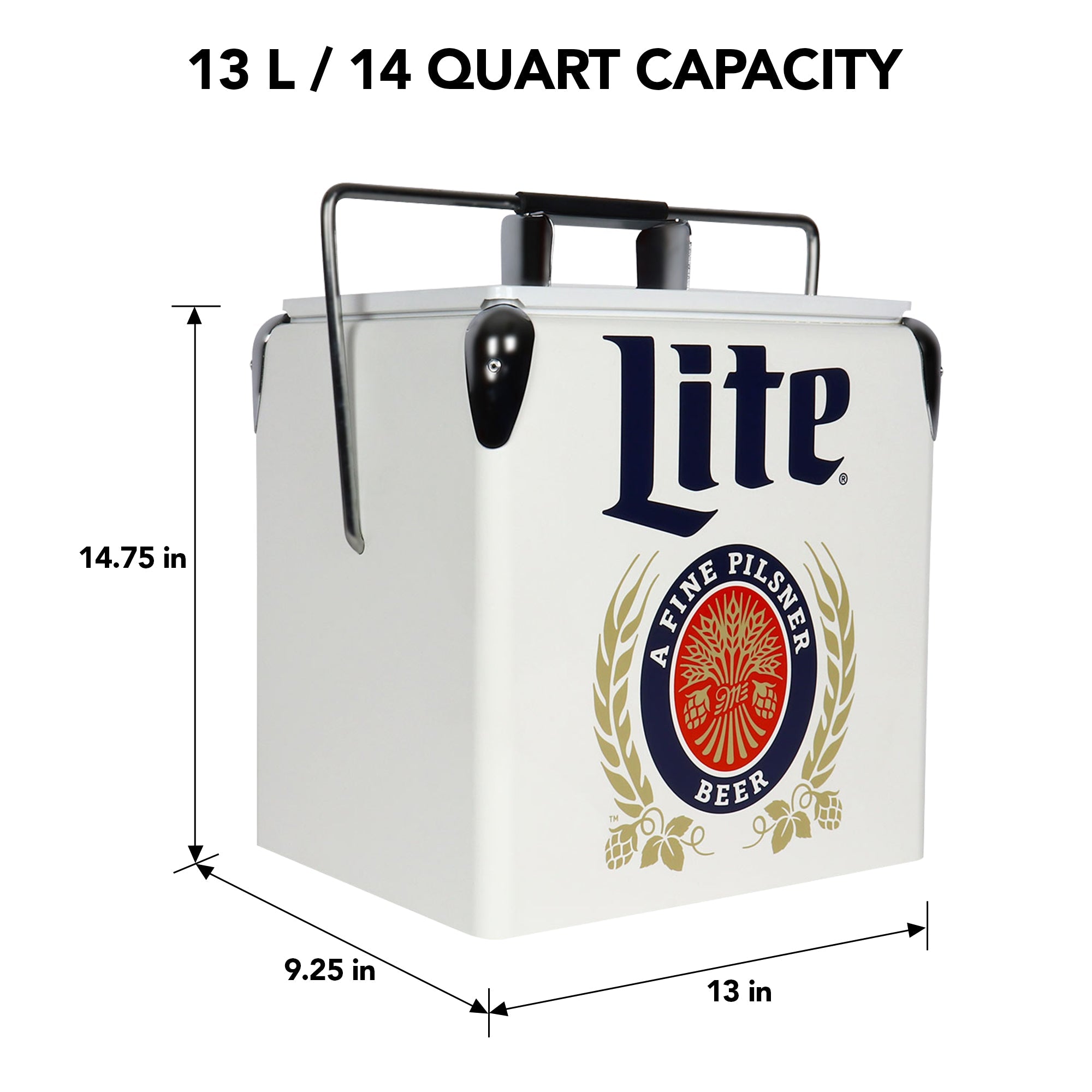 Product shot of Miller Lite retro 14 liter ice chest with bottle opener, closed, on a white background, with dimensions labeled. Text above reads, "13L/14 quart capacity"