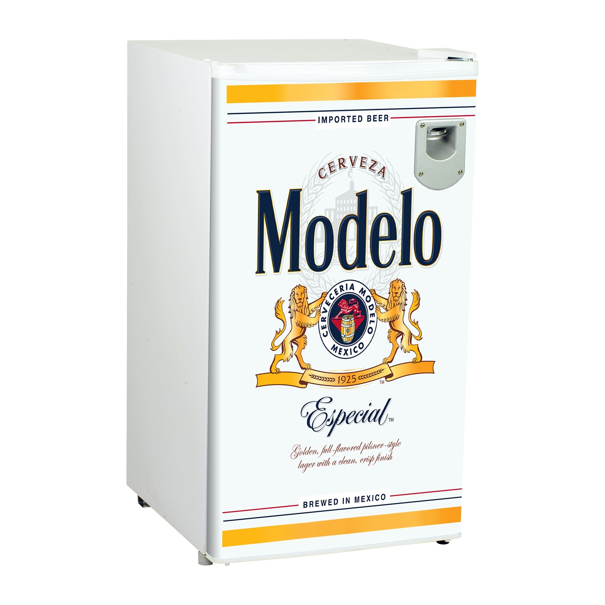 Product shot of Modelo compact fridge with bottle opener, closed, on a white background