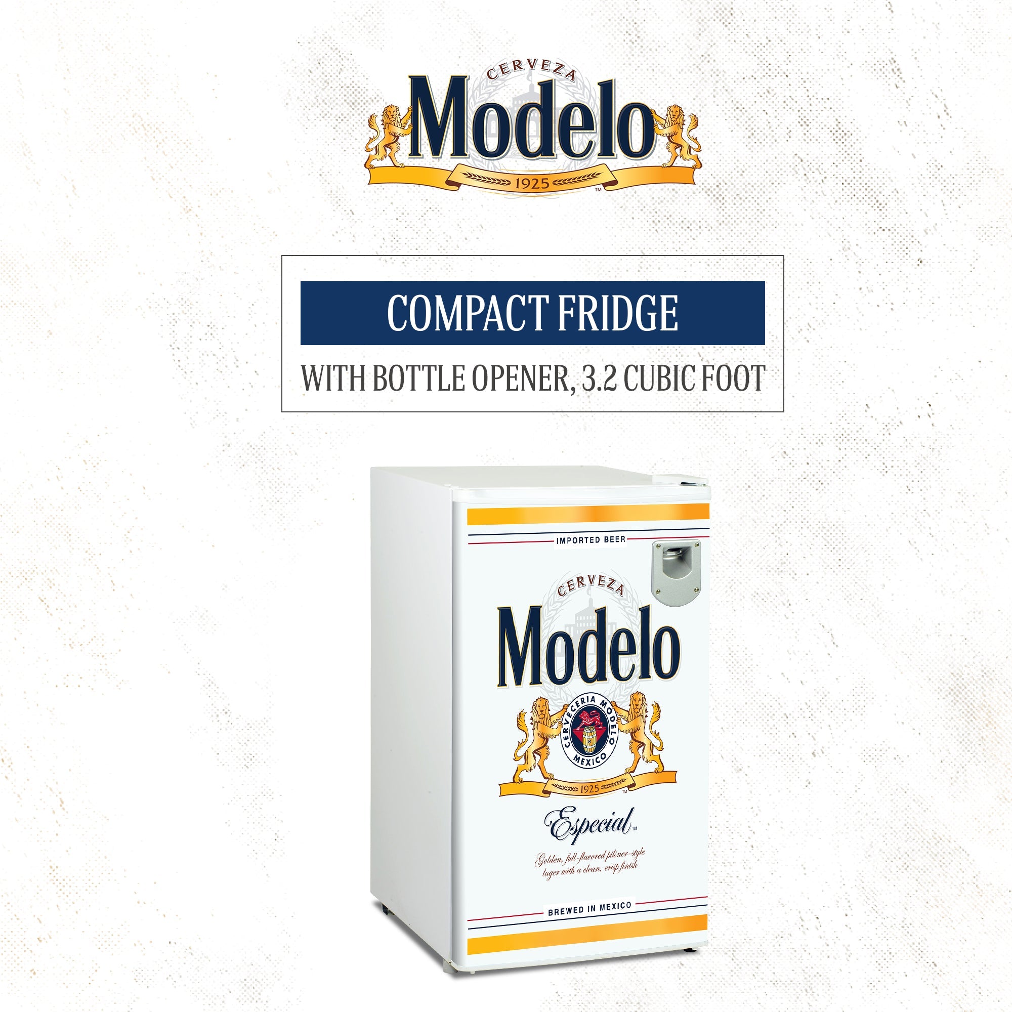 Product shot of compact fridge, closed, on a white background with a marbled effect. Above the fridge is the Modelo Cerveza logo and text reading, "Compact fridge with bottle opener, 3.2 cubic feet"