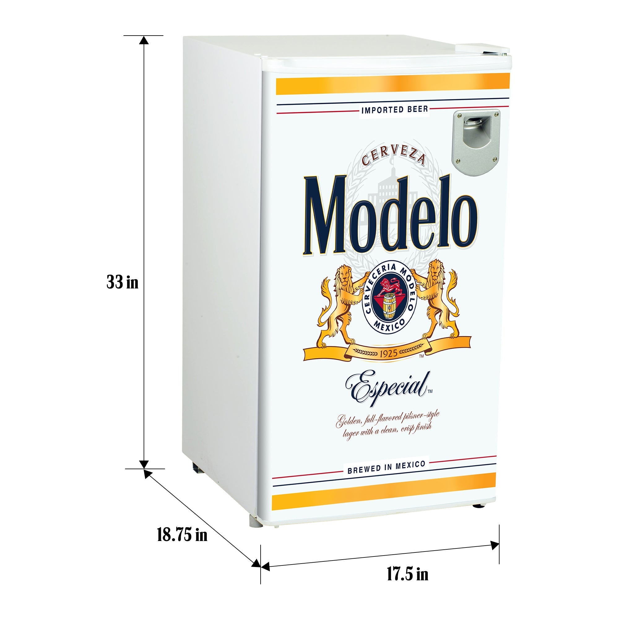 Product shot of Modelo compact fridge with bottle opener on a white background with dimensions labeled
