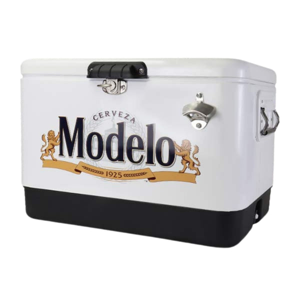 Product shot of Modelo 51 liter ice chest with bottle opener, closed, on a white background