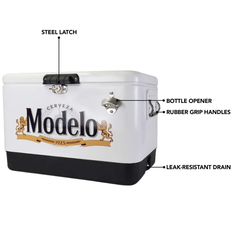 Product shot of Modelo 54 quart ice chest with bottle opener, closed, on a white background, with parts labeled: Steel latch; rubber grip handles; bottle opener; drain plug