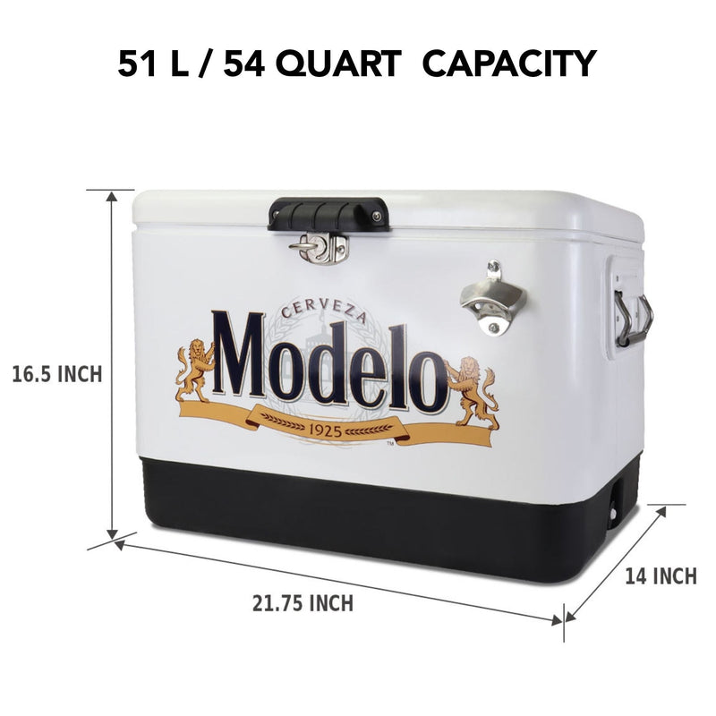 Product shot of Modelo 51 liter ice chest with bottle opener, closed, on a white background, with dimensions labeled. Text above reads, "51L/54 quart capacity"