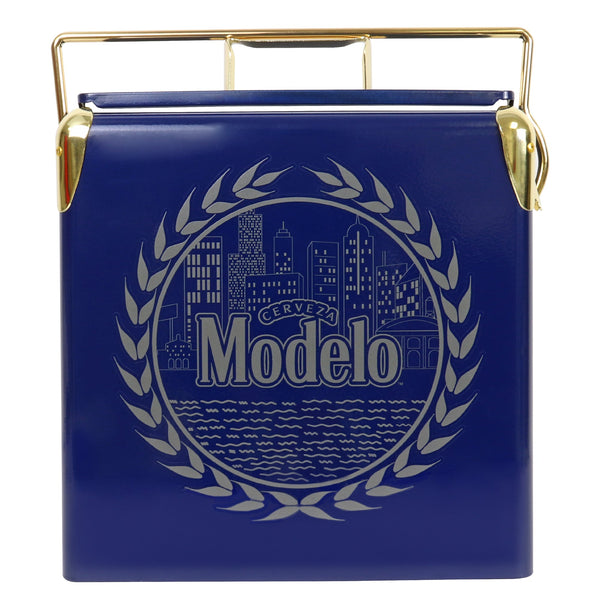 Product shot of front view of Modelo retro ice chest cooler, closed, on a white background