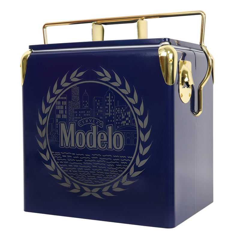 Product shot of Modelo retro ice chest with bottle opener visible on the side, closed, on a white background
