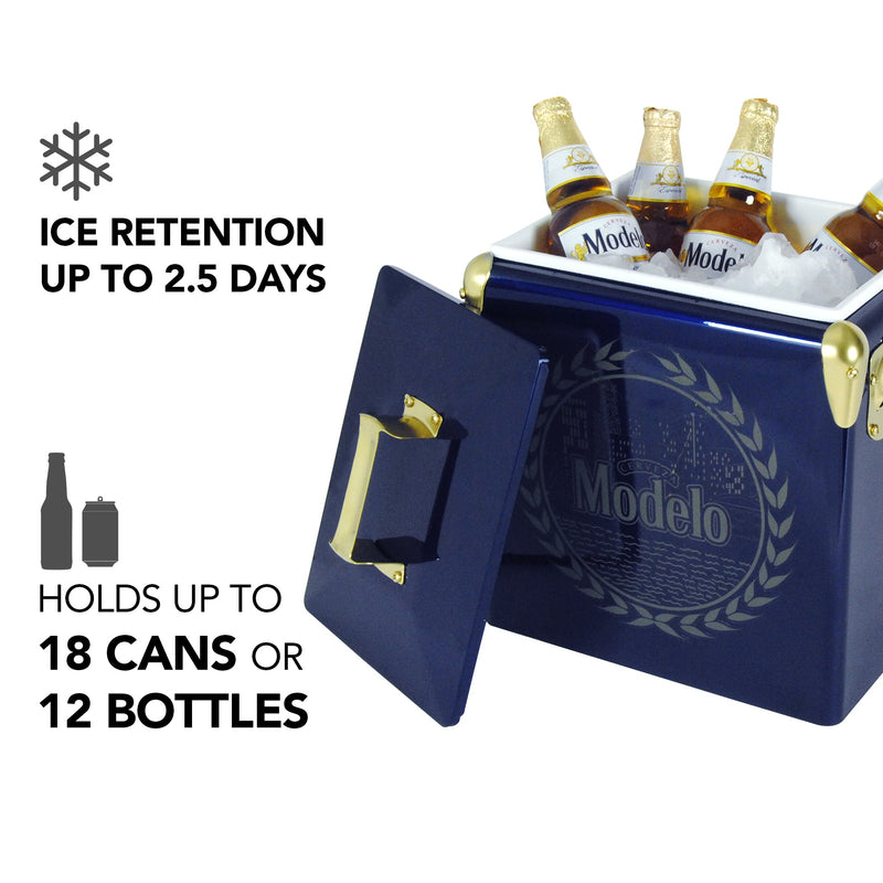 Product shot of Modelo 13L retro ice chest, open with ice and bottles of Modelo beer inside and the lid leaning against it, on a white background. Text and icons to the left describe: Ice retention up to 2.5 days; holds up to 18 cans or 12 bottles