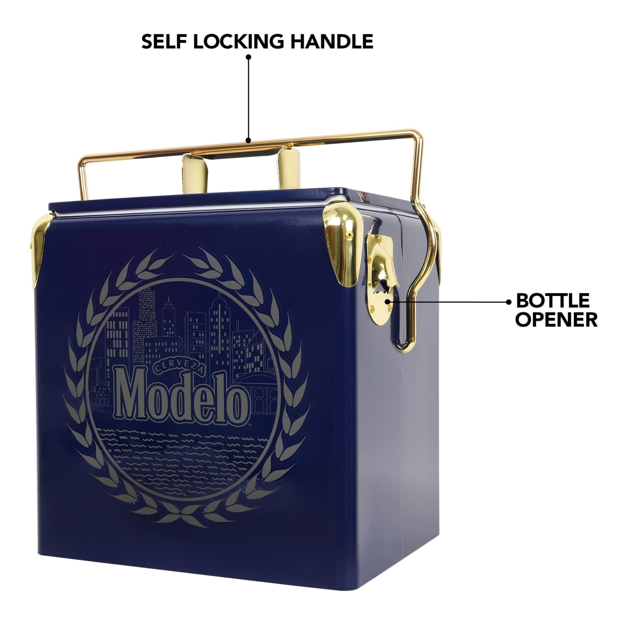 Product shot of Modelo 14 qt retro cooler with bottle opener, closed, on a white background, with parts labeled: Self-locking handle; bottle opener