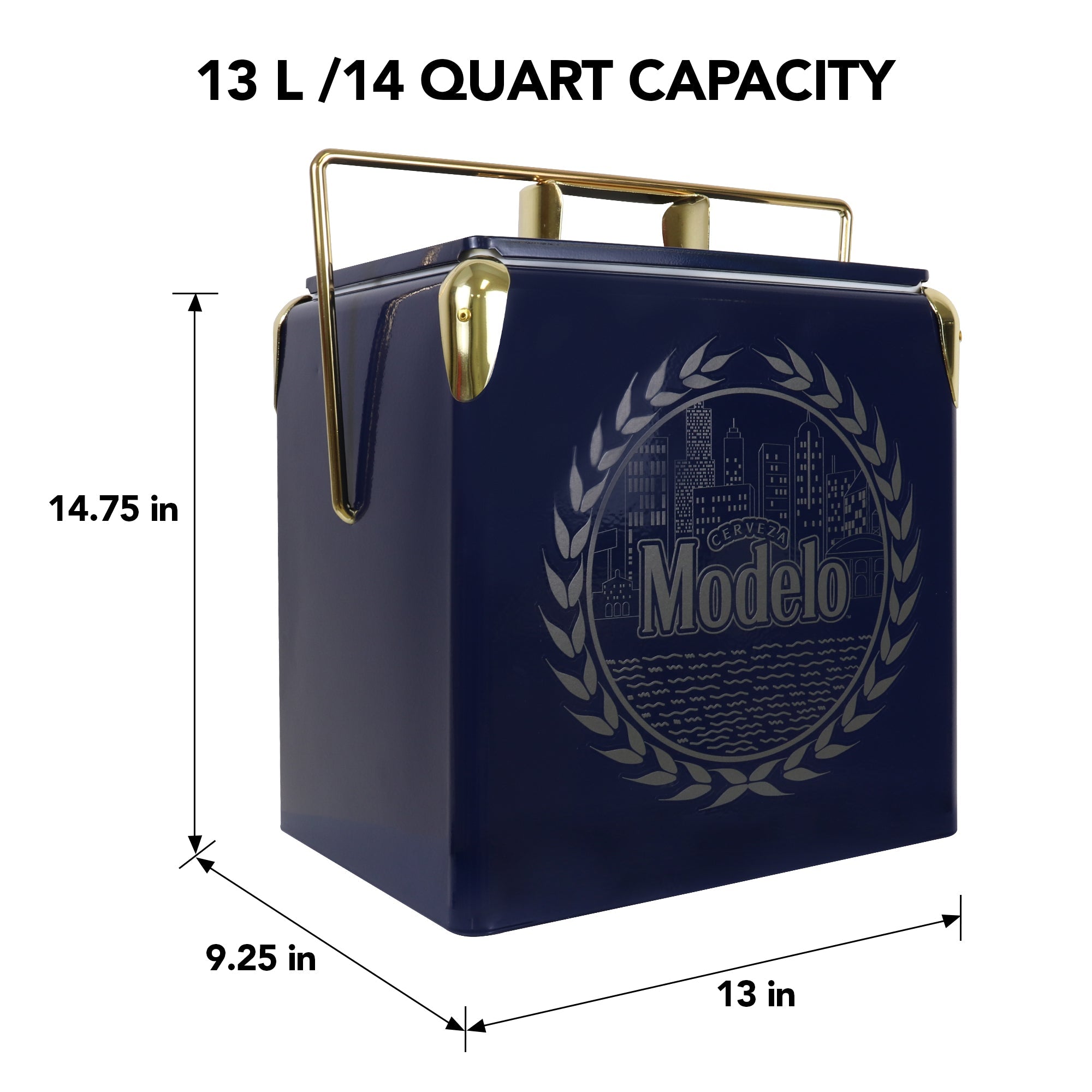 Product shot of Modelo 14 liter ice chest with bottle opener, closed, on a white background, with dimensions labeled. Text above reads, "13L/14 quart capacity"