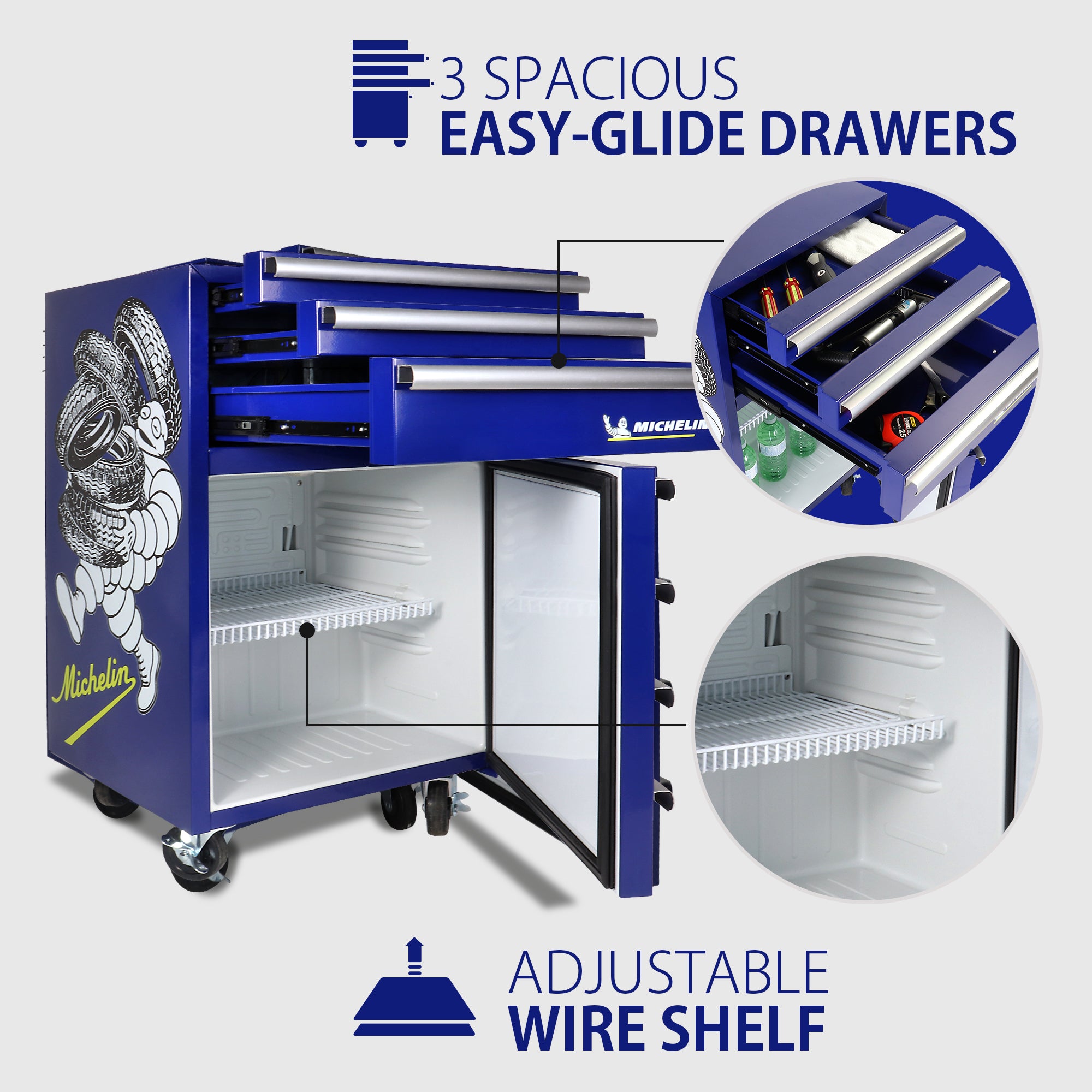 Michelin tool chest fridge with the tool drawers partly pulled out and fridge door open. Two inset closeups, labeled, show the 3 spacious easy-glide drawers and the adjustable wire shelf