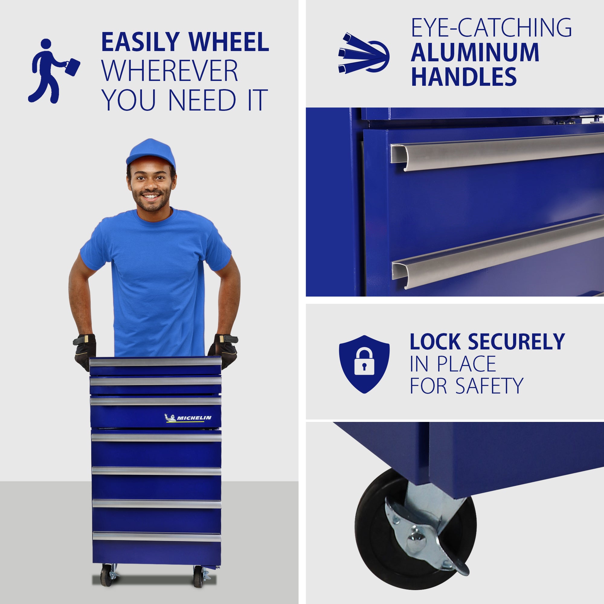 Left side shows a picture of a person with brown skin and short black hair and beard wearing a bright blue t-shirt and hat and black work gloves standing behind the toolchest fridge and holding onto the sides. Text above reads, "Easily wheel wherever you need it. Right side shows two closeup images, labeled, of the eye-catching aluminum handles and swivel wheels that lock securely in place for safety.