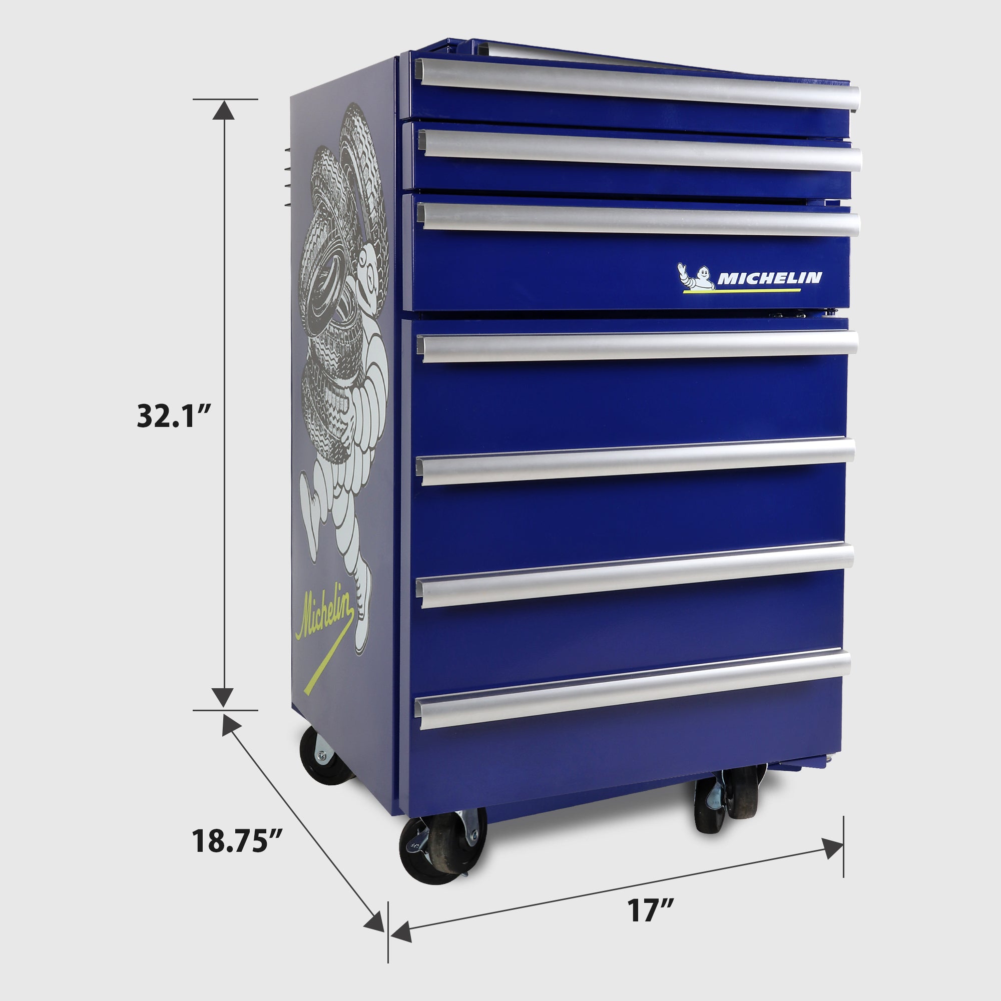 Michelin toolchest fridge on a light gray background with dimensions labeled