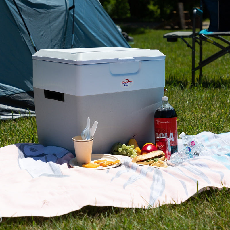 Lifestyle image of portable 12V cooler closed on a picnic blanket with food in front of it and a teal tent behind