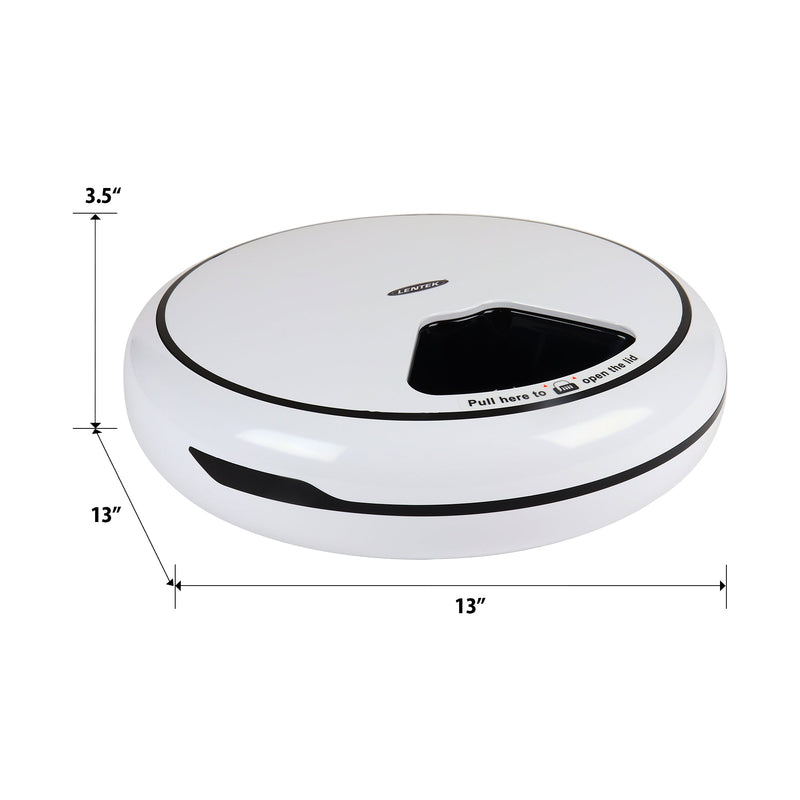 Product shot of Lentek 5-meal programmable pet dish, closed, on a white background with dimensions labeled