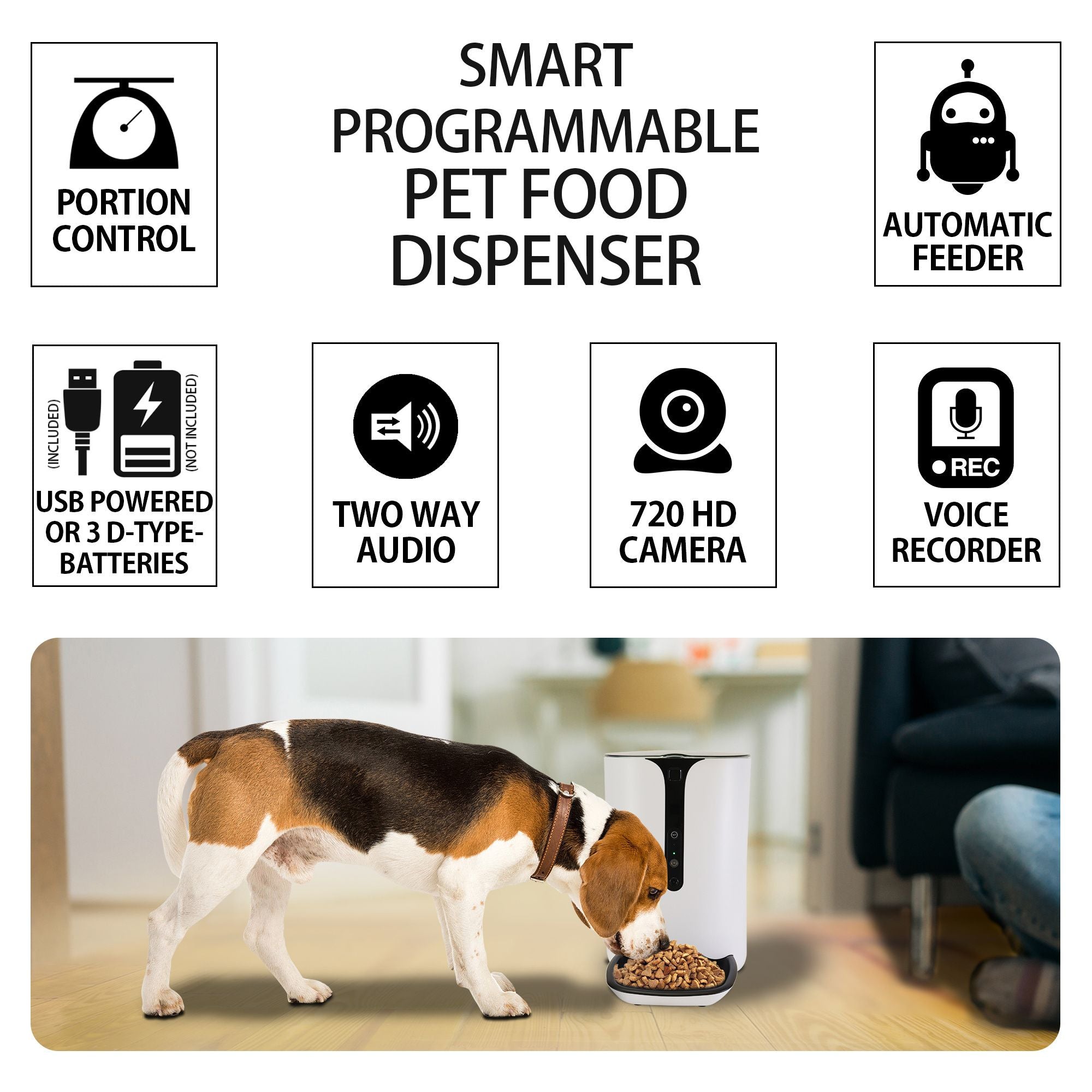 Lifestyle image of a white, black, and tan beagle eating from the Lentek smart pet food dispenser. Text at the top reads, "Smart programmable food dispenser," followed by icons and text describing: Portion control; automatic feeder; USB powered or 3 D type batteries; two way audio; 720 HD camera; voice recorder