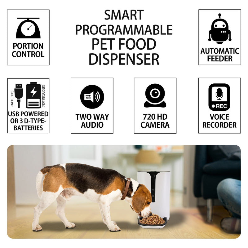 Lifestyle image of a white, black, and tan beagle eating from the Lentek smart pet food dispenser. Text at the top reads, "Smart programmable food dispenser," followed by icons and text describing: Portion control; automatic feeder; USB powered or 3 D type batteries; two way audio; 720 HD camera; voice recorder