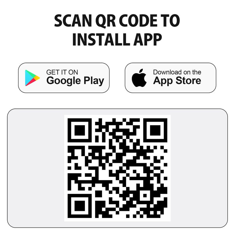 Image of QR code with link to download the free smartphone app below icons for the Google Play and Apple app stores. Text above reads, "Scan QR code to install app" 
