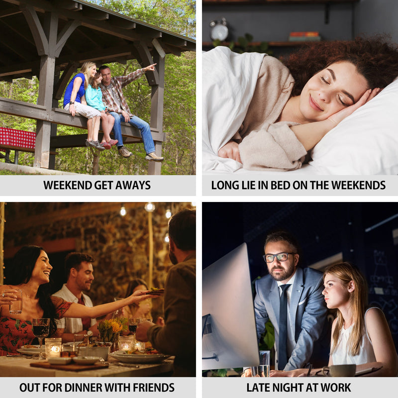 Four lifestyle images, labeled, show situations where you could use the Lentek smart pet feeder: 1. Weekend getaways; 2. Long lie in bed on the weekends; 3. Out for dinner with friends; 4. Late night at work