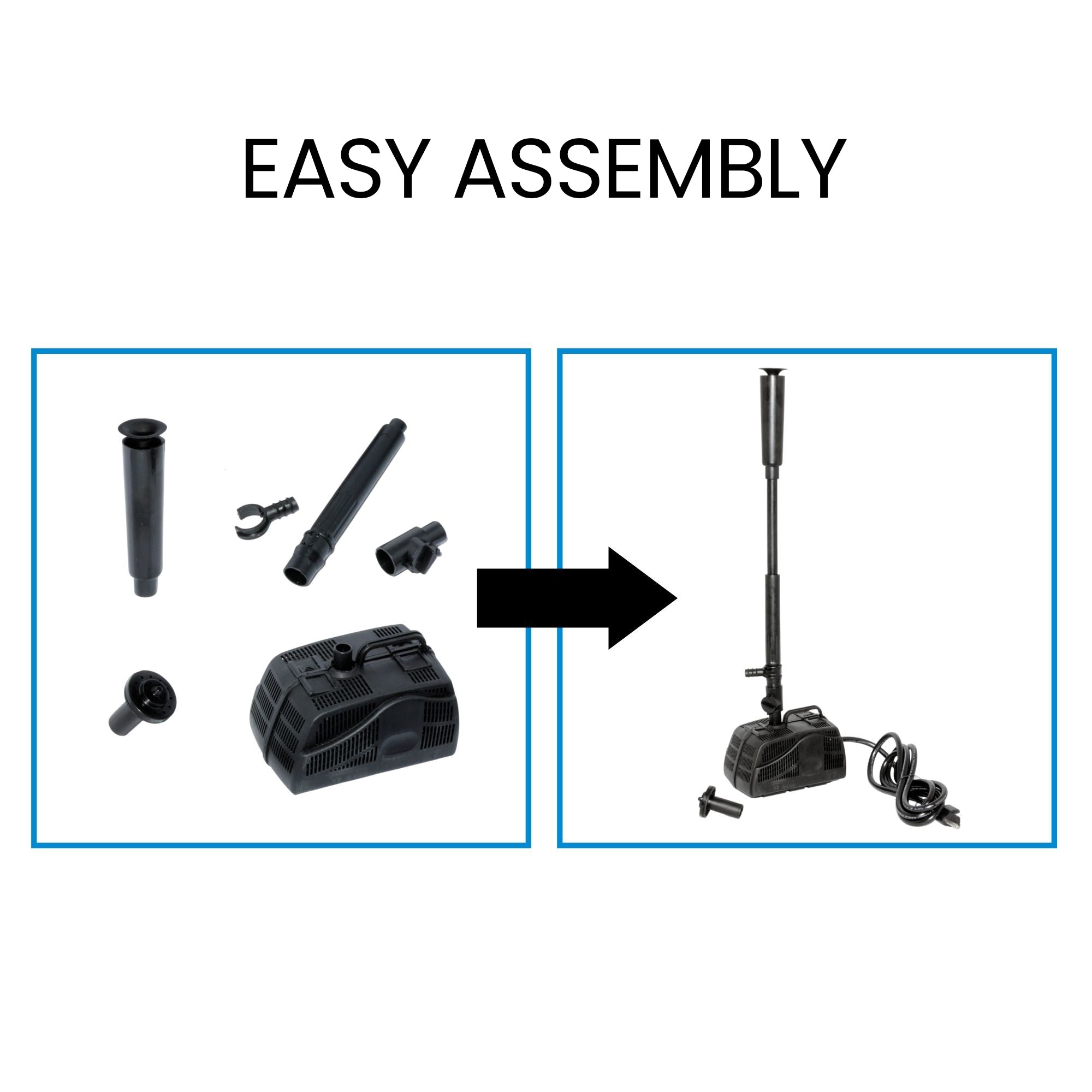 A black arrow points from the left image, a product shot of the disassembled pump parts, to the right image, a product shot of the assembled pump. Text above reads, "Easy assembly"  