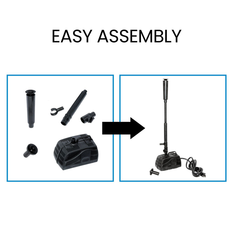 A black arrow points from the left image, a product shot of the disassembled pump parts, to the right image, a product shot of the assembled pump. Text above reads, "Easy assembly"  