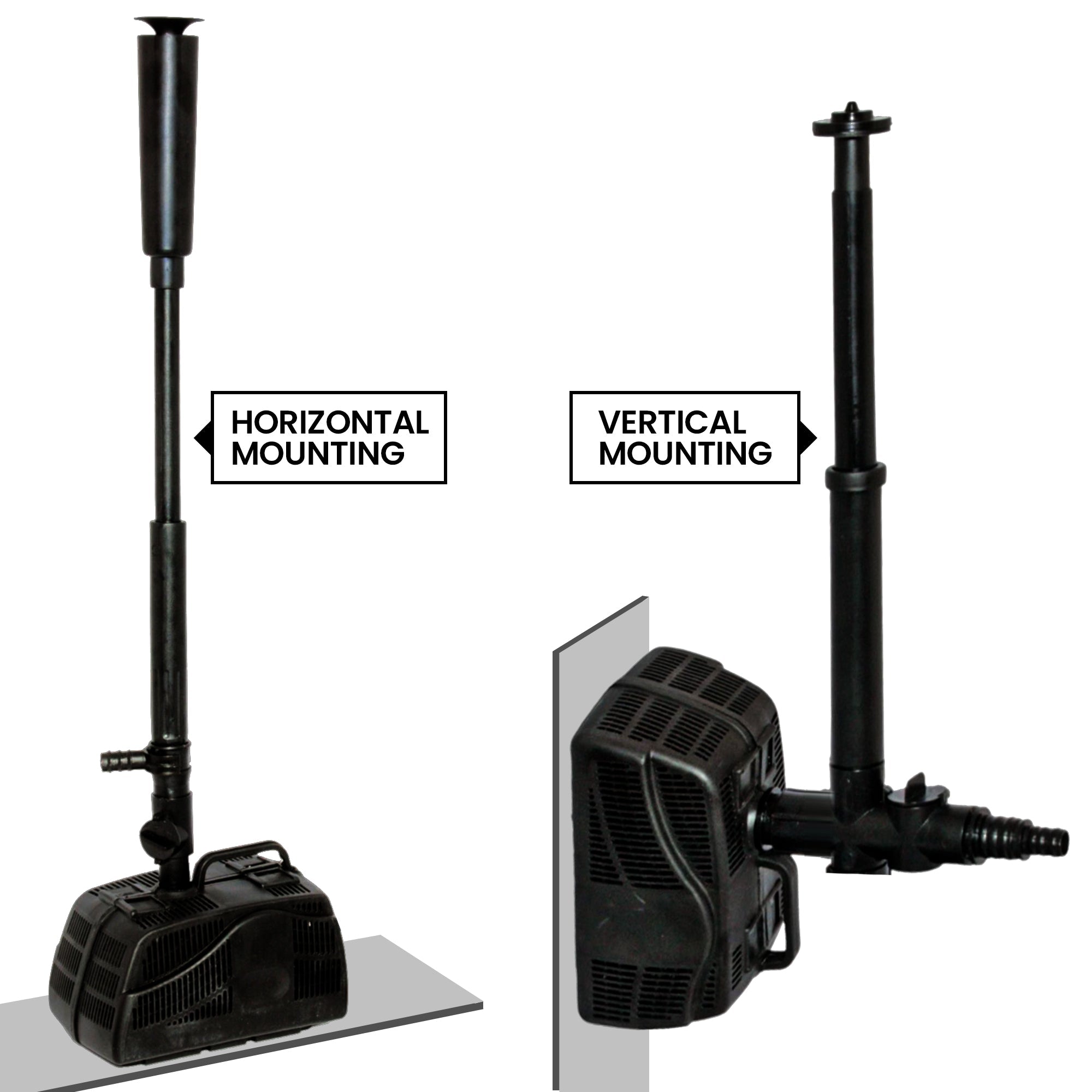 Two product shots show the assembled pump and fountain attached to a flat gray surface in a horizontal and a vertical orientation, labeled horizontal mounting and vertical mounting