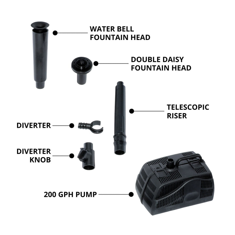 Product shot of disassembled pump parts on a white background, labeled: water bell fountain head; double daisy fountain head; telescopic riser; diverter; diverter knob; 200 GPH pump
