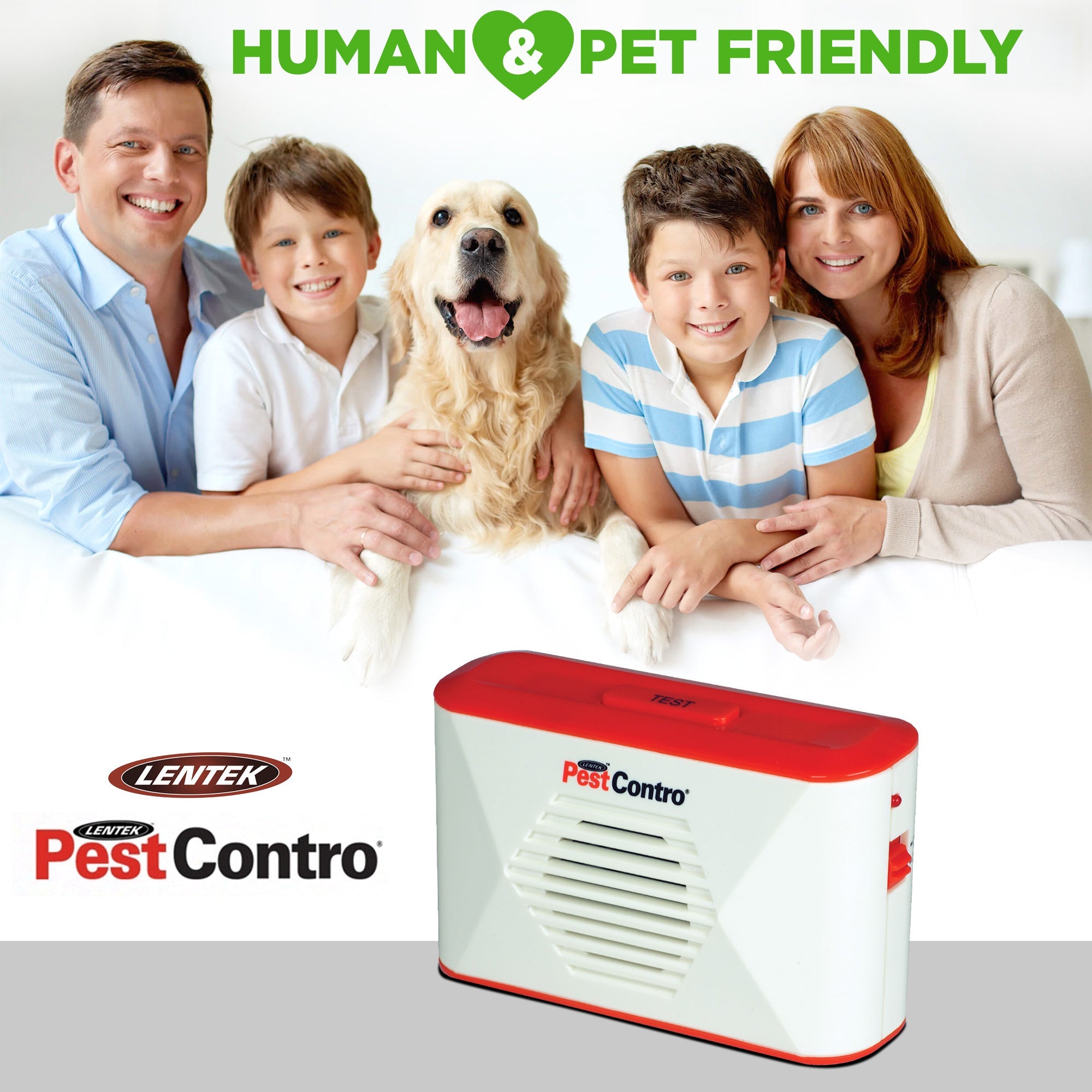 Product shot of PestContro portable ultrasonic rodent repeller in the foreground with a lifestyle image of two adults, two children, and a golden retriever in the background. Text at the top reads, "Human and pet friendly"