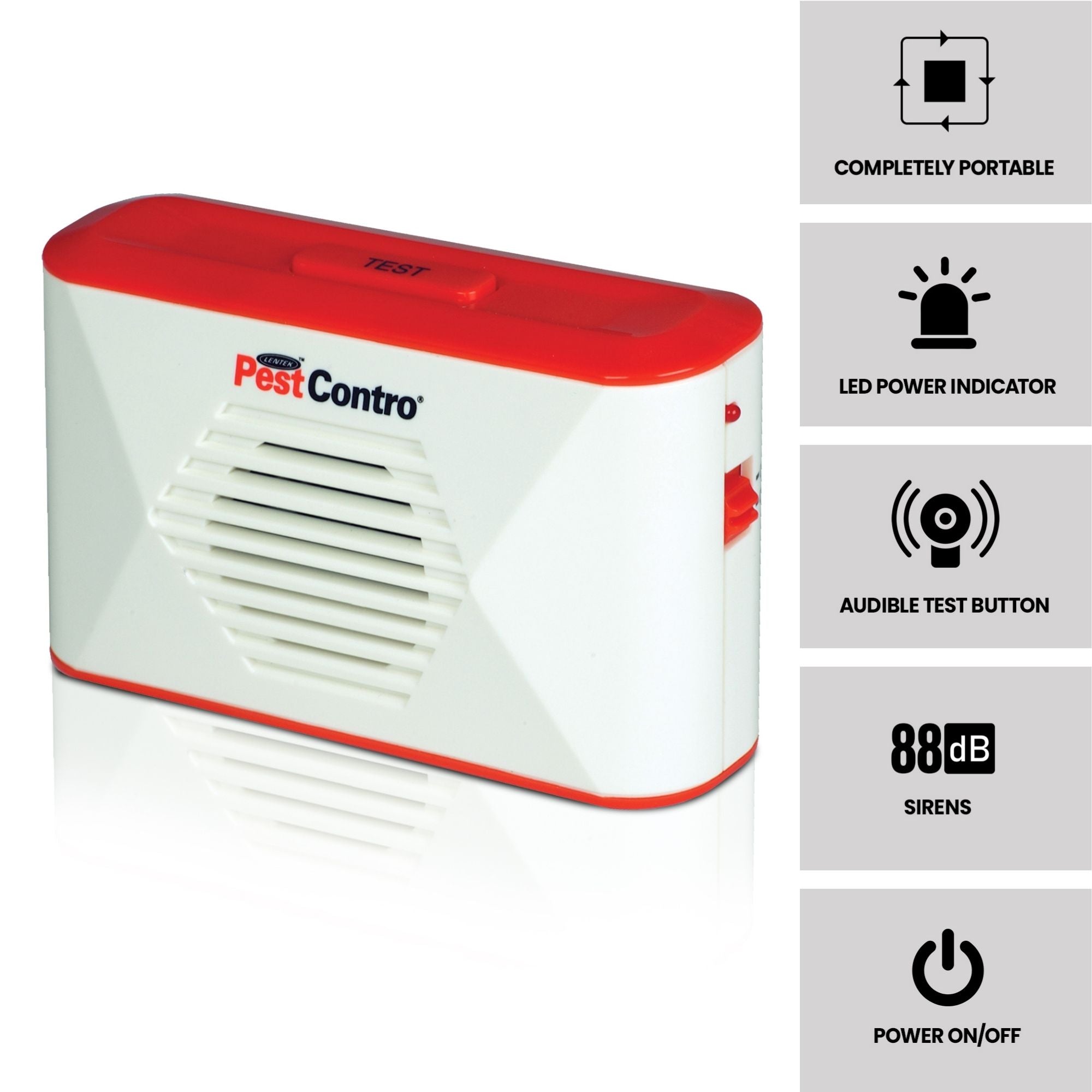 Product shot of PestContro portable ultrasonic rodent repeller on a white background with text and icons to the right describing: Completely portable; LED power indicator; audible test button; 88dB sirens; power on/off