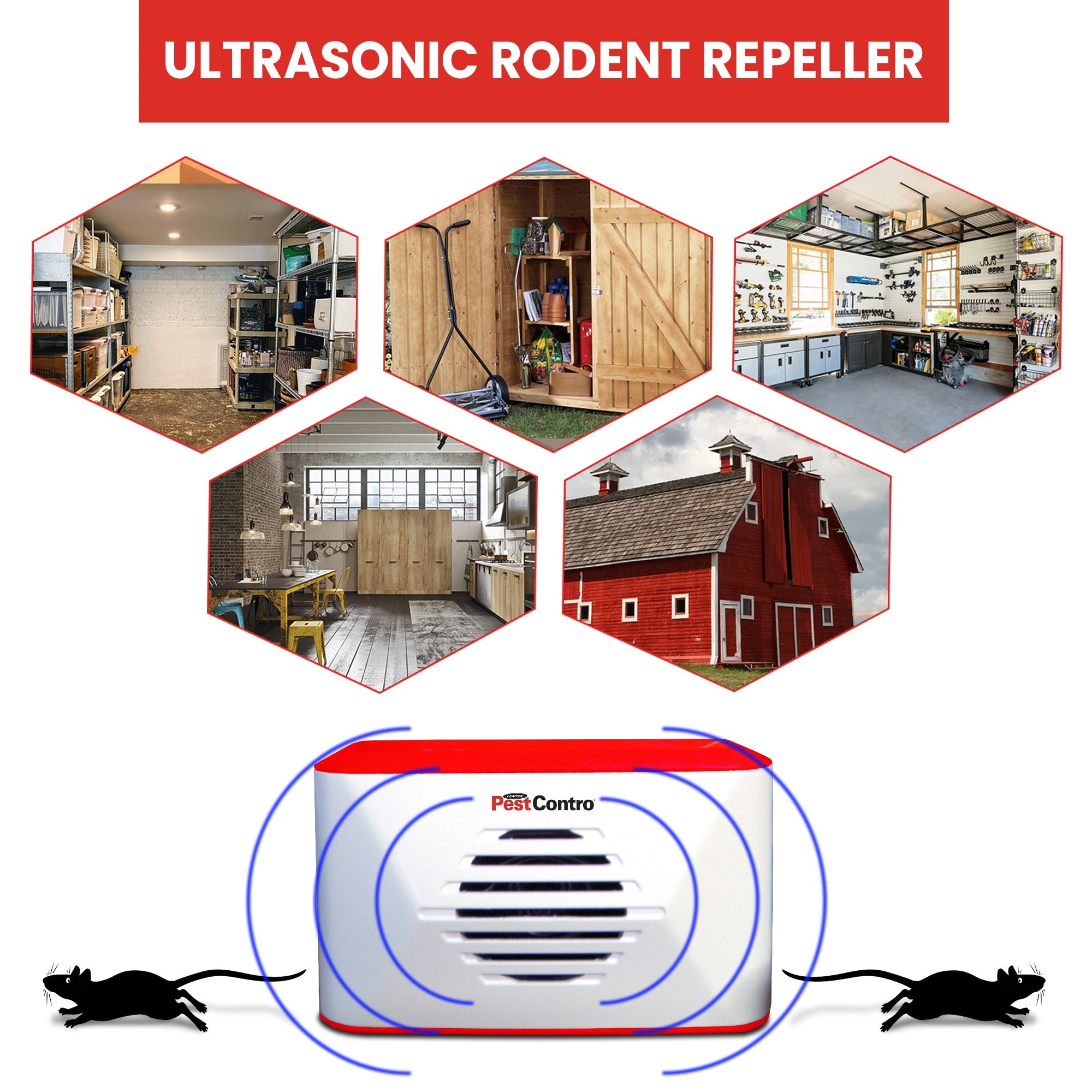 Product shot of PestContro portable ultrasonic rodent repeller with images of mice running away from either side. Five lifestyle images above show settings where it can be used: Storage room, outdoor tool shed, garage, workshop, barn
