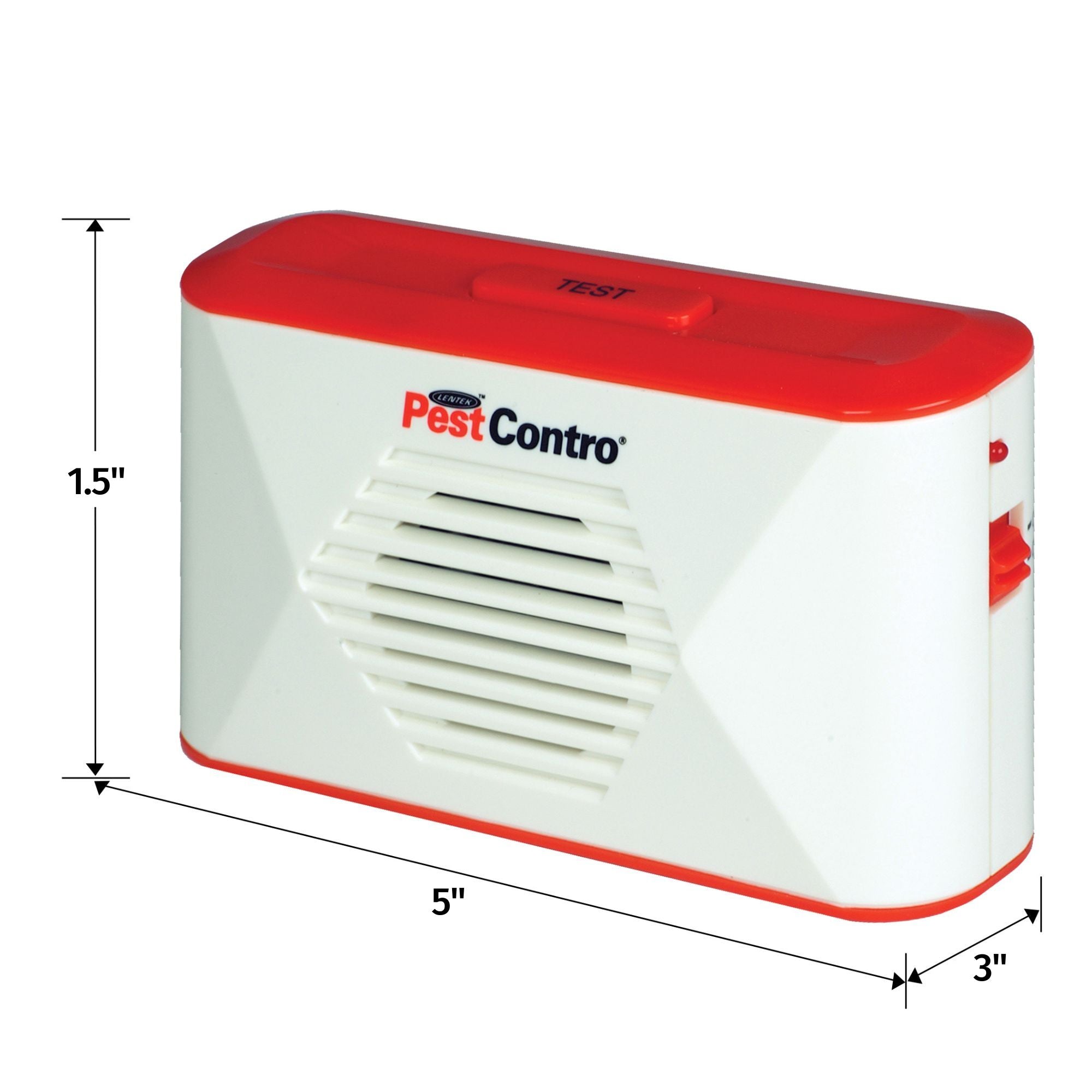 Product shot of PestContro portable ultrasonic rodent repeller on a white background with dimensions labeled